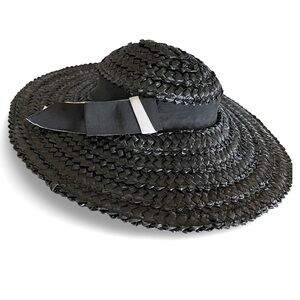 Vintage Black Rimmed Woven Straw Hat with  Grosgrain Ribbon Adjustable Size